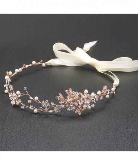 Mariell Rose Gold Freshwater Pearl and Crystal Bridal Ribbon Headband Hair Vine - C012J5BECWD