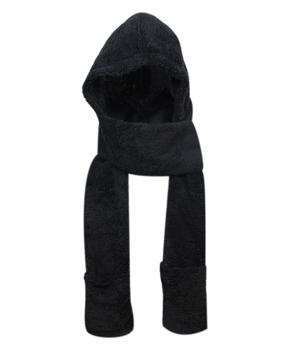 Super Soft Fleece Women's Hooded Scarf & Hat W/ Glove Pockets By Bioterti - Black - CB18830NDZD