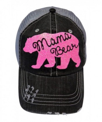Glitter Mama Bear Distressed Look Grey Trucker Cap Hat Fashion - Neon Pink Glitter - C0182ST44T6