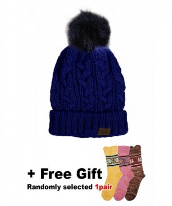 BASICO Women/Men's Winter Fur Ball Pompom Beanie Cozy Knit Hat - Pompom5 Navy + Free Gift - CN187WX6LG3