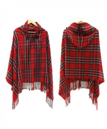 Women Fashion Pashmina Ethnic Aztec Bohemian Tassel Cloak Cape Hooed Plaid Shawl - Red - CX126Z7JTD7