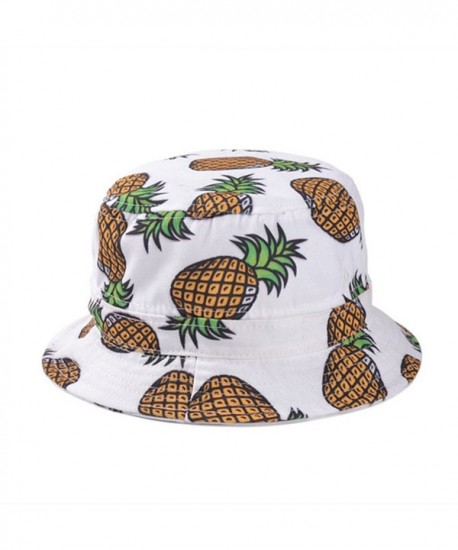 Girls Ladies Headwear Pineapple pattern Wide Rim Flat top fishing Bucket Hat Sun Hat - White - CH17YT2577K