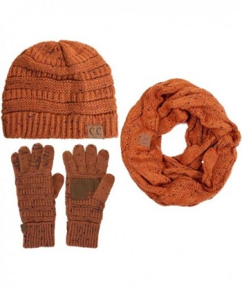 ScarvesMe C.C 3pc Trendy Confetti Thick Soft Warm Chunky Soft Stretch Cable Knit Beanie Gloves Scarves SET - Rust - C018693TEDK