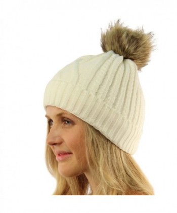 Ladies Soft Sherpa Lining Thick Knit Faux Fur Pom Pom Beanie Ski Hat Cap - Ivory - C6126FUSYAR