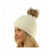 Ladies Soft Sherpa Lining Thick Knit Faux Fur Pom Pom Beanie Ski Hat Cap - Ivory - C6126FUSYAR
