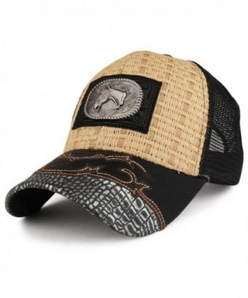 Trendy Apparel Shop Straw Design Metallic Horse Logo Badge Trucker Mesh Adjustable Baseball Cap - Tan/Black - CP12NUD7V04