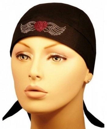 Rhinestud Skull Cap - Biker Caps Red Heart w/Wings on Black Headwraps Doo Rags - CV12ELHNR27