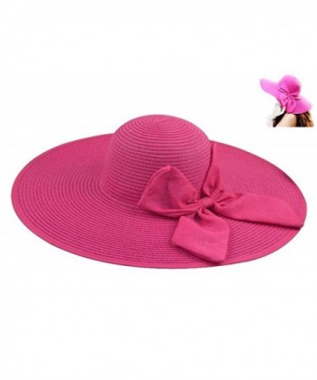 Gellwhu Womens Flax Bow Wide Large Brim Summer Beach Straw Sun Hat Derby Cap - Hotpink - C112GB0R38V