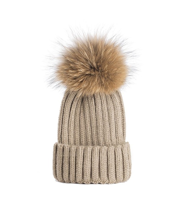 Winter Fur Hat Real Large Raccoon Fur Pom Pom Beanie Hats Khaki CE1860T7K04