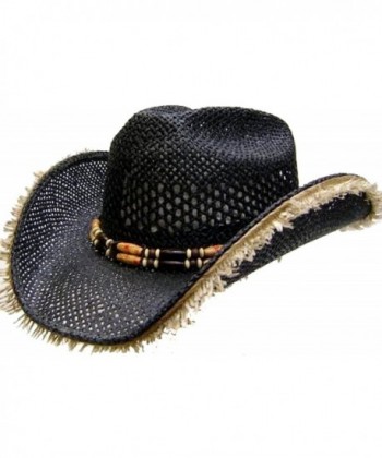 Modestone Unisex Straw Cowboy Hat Fuzzy Straw Fringe Black Beige - C611WWR7FX1