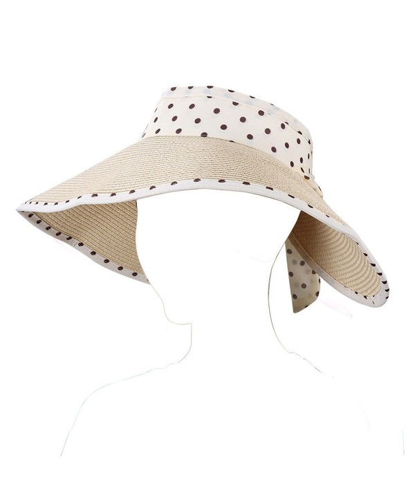 Aerusi Women's Roll Up Straw Floppy Wide Brim Sun Visor Hat With Polka Dot Bow - Beige - CJ12GZQKWWZ