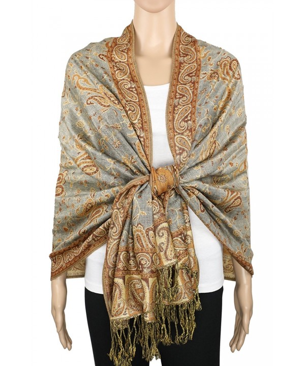 Achillea Soft Silky Reversible Paisley Pashmina Shawl Wrap Scarf w/ Fringes 80" x 28" - Grey Bronze - CC188Q8830W