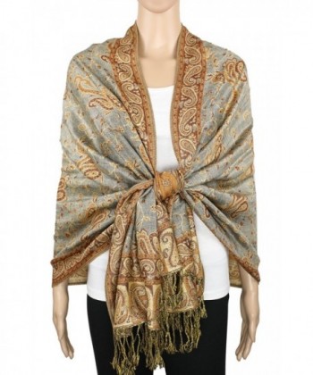 Achillea Soft Silky Reversible Paisley Pashmina Shawl Wrap Scarf w/ Fringes 80" x 28" - Grey Bronze - CC188Q8830W