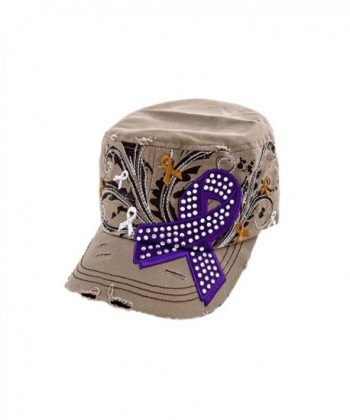 Crazy4Bling Khaki Military Style Cap With Purple Awareness Ribbon Studded With Rhinestones- One Size - CJ1274KES0N