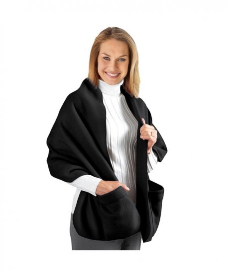 Fleece Wrap Shawl With Pockets- 66"L - Black - C611P3DC9IR