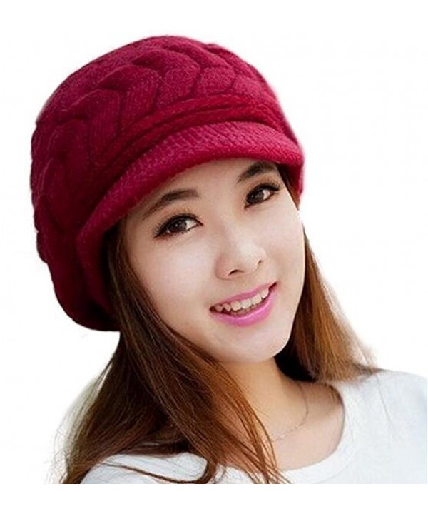 Zgllywr Women Winter Warm Knit Hat Wool Snow Ski Caps With Visor Hats - Deep Red - CR17YWGRZW7