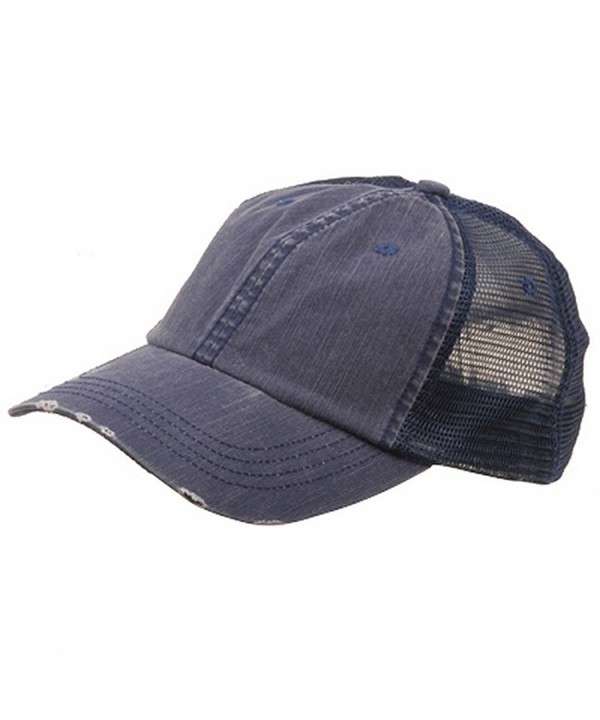 Wholesale Low Profile Unstructured Herringbone Cotton Twill Distressed Mesh Trucker Caps (Navy) - 19777 - CD111QRLZHF