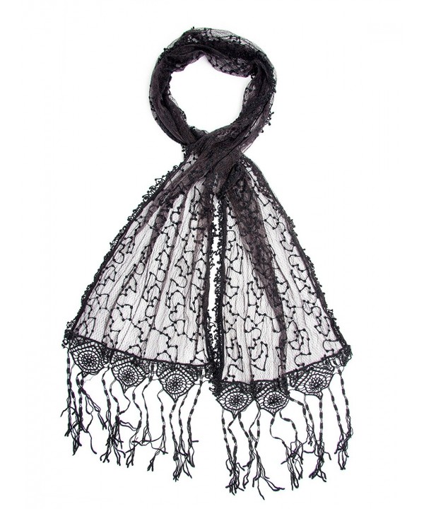 Bohomonde Adeline Scarf- Embroidered Shawl Stunning Crochet Lace Fringe - Black - CD11QHME1FR