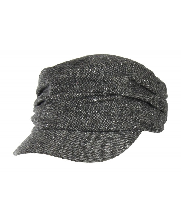 Classic Marled Tweed Newsboy Cadet Cap w/ Short Brim & Ruched Front - One Size - Black - CI12NYY2H29