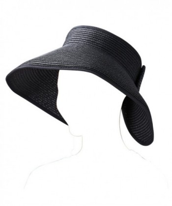 Aerusi Women's Straw Wide Brim Bowknot Floppy Roll-up Visor Summer Beach Sun Hat - Black - CM12GYNC119