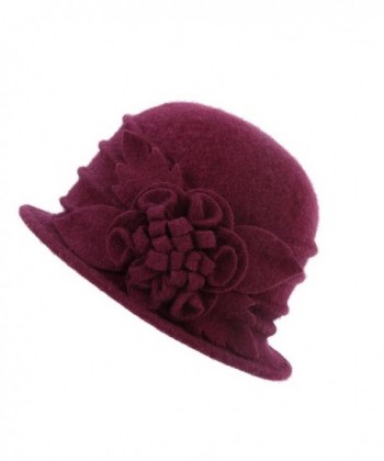 Dantiya Women's Winter Wool Cloche Bucket Hat Slouch Wrinkled Beanie Cap With Flower - Wine Red - CH186AMI25N