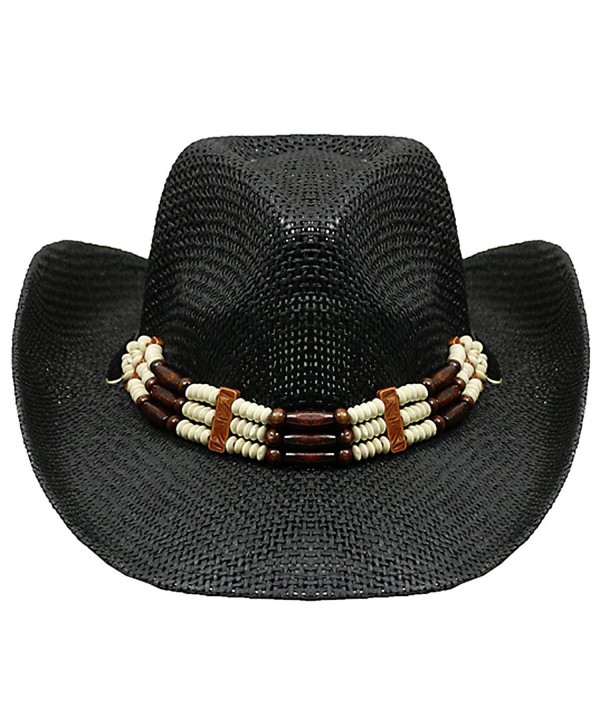 Silver Fever Woven Cowboy Hat Triple Beaded Leather Band & Chin Strap - Black - CH12BWNOIDZ