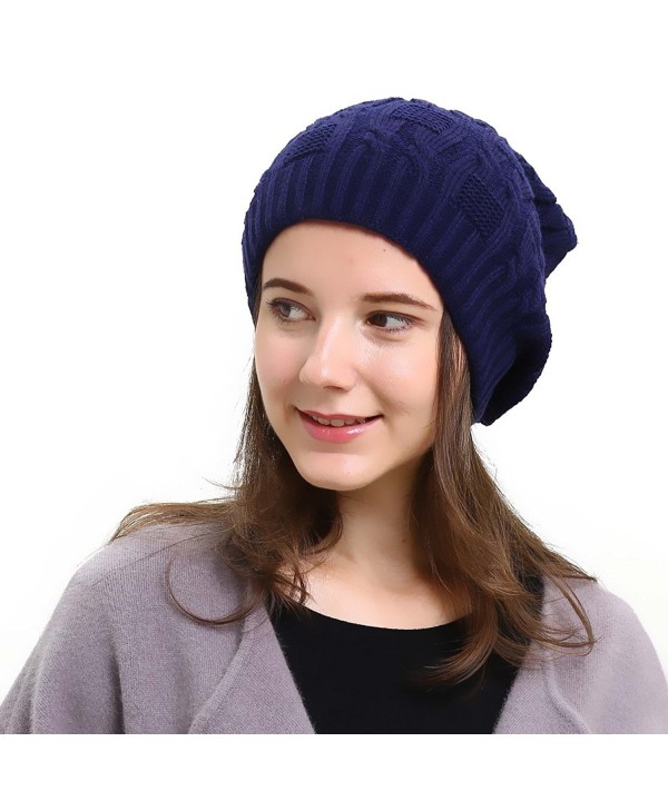 Slouchy Beanie Winter Ski Baggy Hat Double Layer Soft Oversized Cable Knit Cap - Navy - CA1867E6UKN