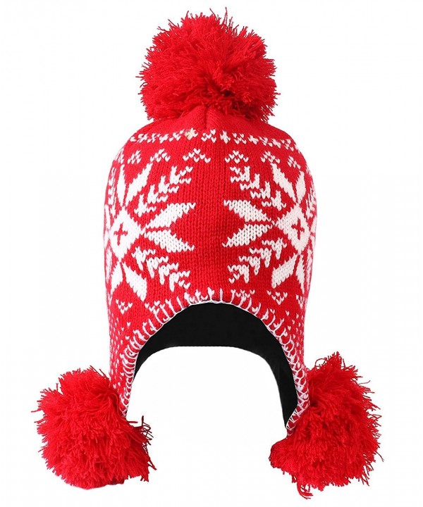 Women's Winter Knit Fleece Lined Pom Earflap Beanie Hat with Snowflake Reindeer - Red Snowflake - C1187D3TT3E