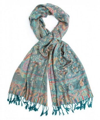 Bohomonde-Tiaja Scarf- Pashmina Indian Paisley Traditional Jacquard Scarf - hand made in India - Teal - C41293ZVWYR