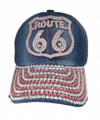 Adjustable Studded Rhinestone Brim Baseball Cap Hat Selection - 3021 Pink Route 66 Denim - CM12N35PYT8