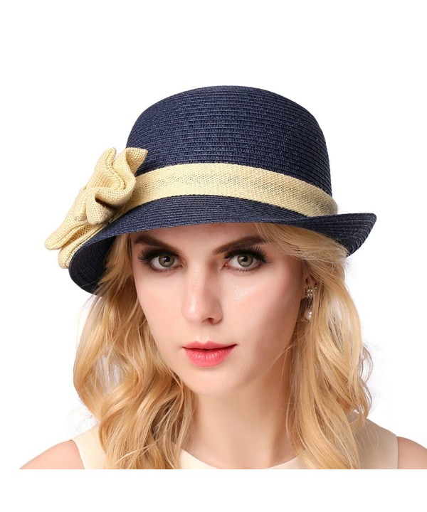 O&N Women Girls Holiday Wide Brim Bow Caps Foldable Summer Beach Sun Hat Straw Hats - Navy - CQ17XSSHWI7