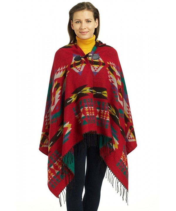 So'each Women's Aztec Winter Hooded Poncho Cape Sweater Knit Shawl Wrap - Red - CM128TJ2OOF