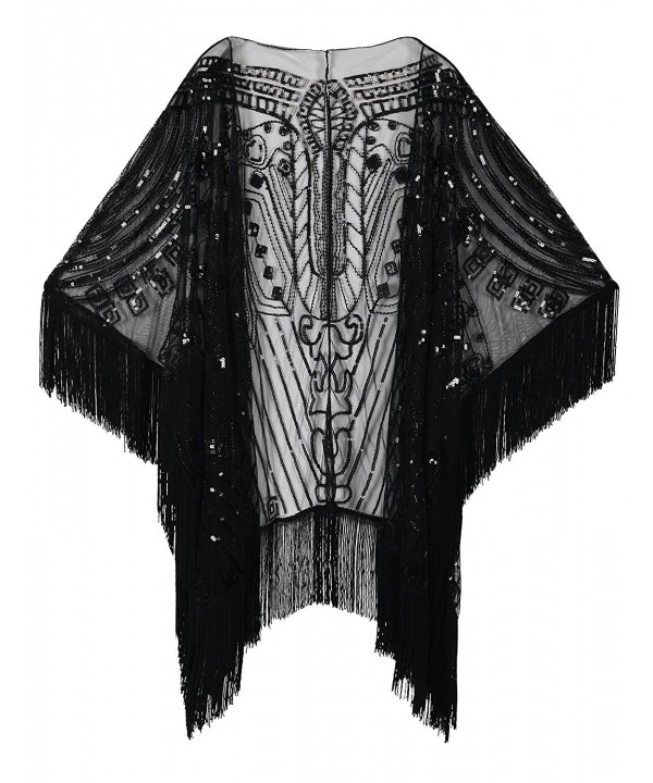 PrettyGuide Women's Evening Wrap Beaded 1920s Shawl Fringed Oversized Cover Up - Black - CD18985DHMS