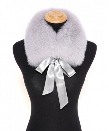 Ferand Ladies Stylish Genuine Fox Fur Collar Scarf with Satin Ribbon - Light Grey - CJ12MRS0O3H