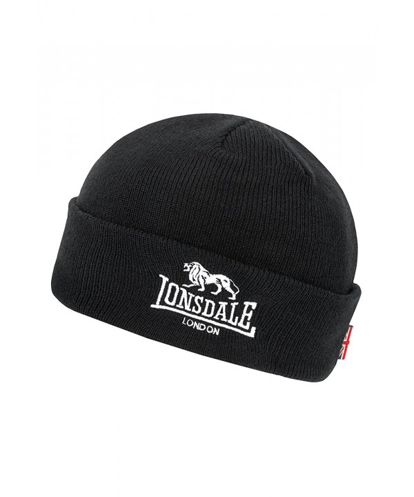 Lonsdale Men&acutes Beanie Hat Cap Black Embroided Lion Logo and Union Jack Flag - CU12OC9Q89L