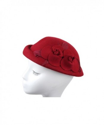 Dantiya Women's Wool Felt Beret Hats With Flower Feathers - Wine Red - CF12KP4JAJX