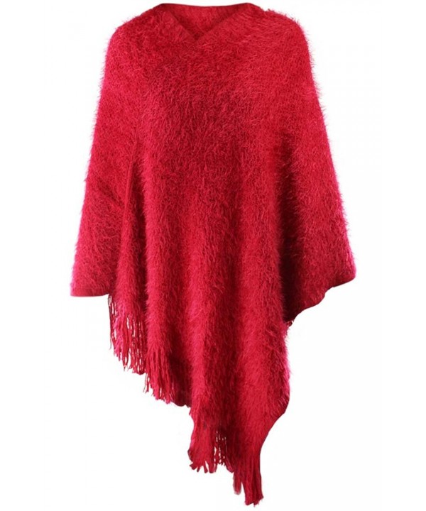 Fuzzy Eyelash Knit Fringed Poncho - Red - CT12LWWUQ1T