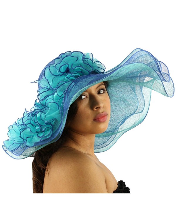 Summer Ruffle Floral Kentucky Derby 7" Wide Brim Layer Floppy Floral Hat - Blue - C711JHWSYVV