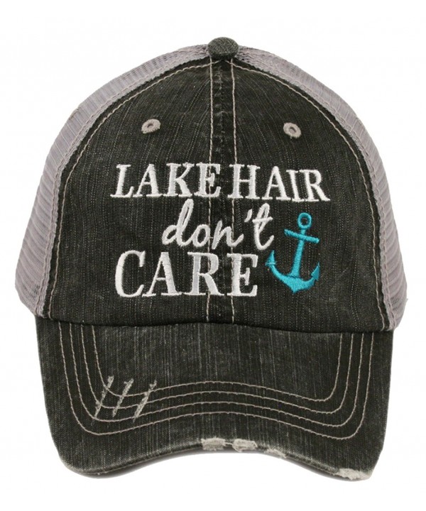 Embroidered "Lake Hair Don't Care" Washed Out Grey Trucker Cap - Mint Anchor - C212IV7CUKN