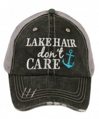 Embroidered "Lake Hair Don't Care" Washed Out Grey Trucker Cap - Mint Anchor - C212IV7CUKN