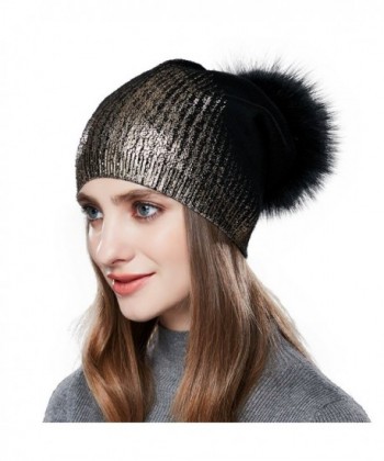 Womens Pom Pom Beanie for Winter Hats Real Fox Fur Slouchy Hat Sparkle Shiny - Black - CG186GMQOI2