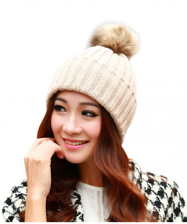 Yidarton Ladies Winter Wool Knit Beanie Warm Fur Pom Bobble Hat Crochet Ski Cap - Beige - CE12LASQ26H