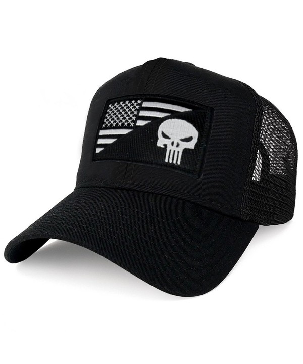 AC Racing USA American Flag Patch Snapback Trucker Mesh Cap - Black - Punisher Black White - CB1865XY7OH