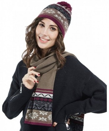 lethmik Christmas Pom Pom Beanie Winter Warm Knit Cap Skully-Scarf & Hat Set - Dark Red & Brown Scarf - CX186HE0R8I