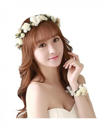 beauty YFJH Flower Wreath Crown Floral Headband Wrist Band Set Garland Halo Wedding Festivals - Beige - CY184CEX5KE