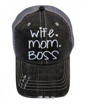 Glitter " wife mom boss " Distressed Look Grey Trucker Cap Hat - C617XQ6RZ0X