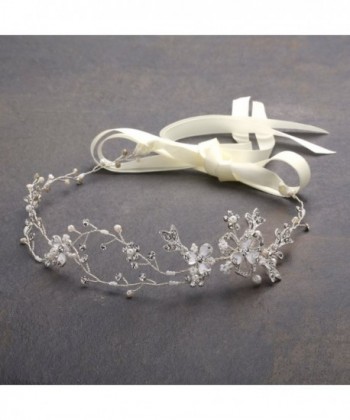 Mariell Freshwater Pearl Crystal Wedding Headband Hair Vine with Ribbons - CI12G8ZJ73N
