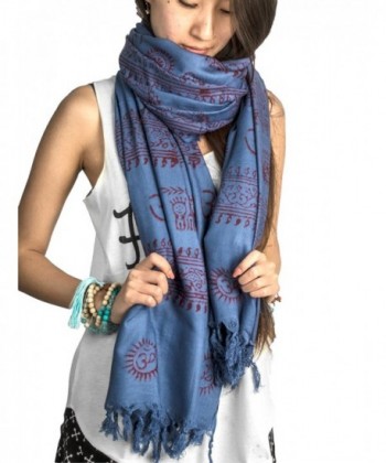 Large Om Scarf Wrap Yoga Soft Cotton Hand Printed Boho Bohemian White Black Yellow - Blue - CH12IF5SJ79