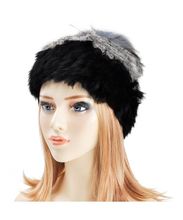 ZLYC Women Two Tones Luxurious Rex Rabbit Fur Knitted Hat Cossack Beanie with Fur Pom - Gray - C311QAFV2JN