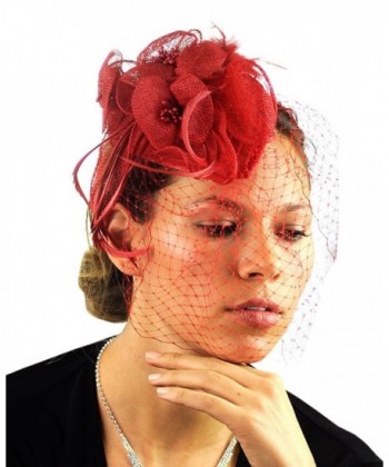 NYFASHION101 Cocktail Fashion Sinamay Fascinator Hat Flower Design & Net F09085 - Red - CY11KPSNLWX